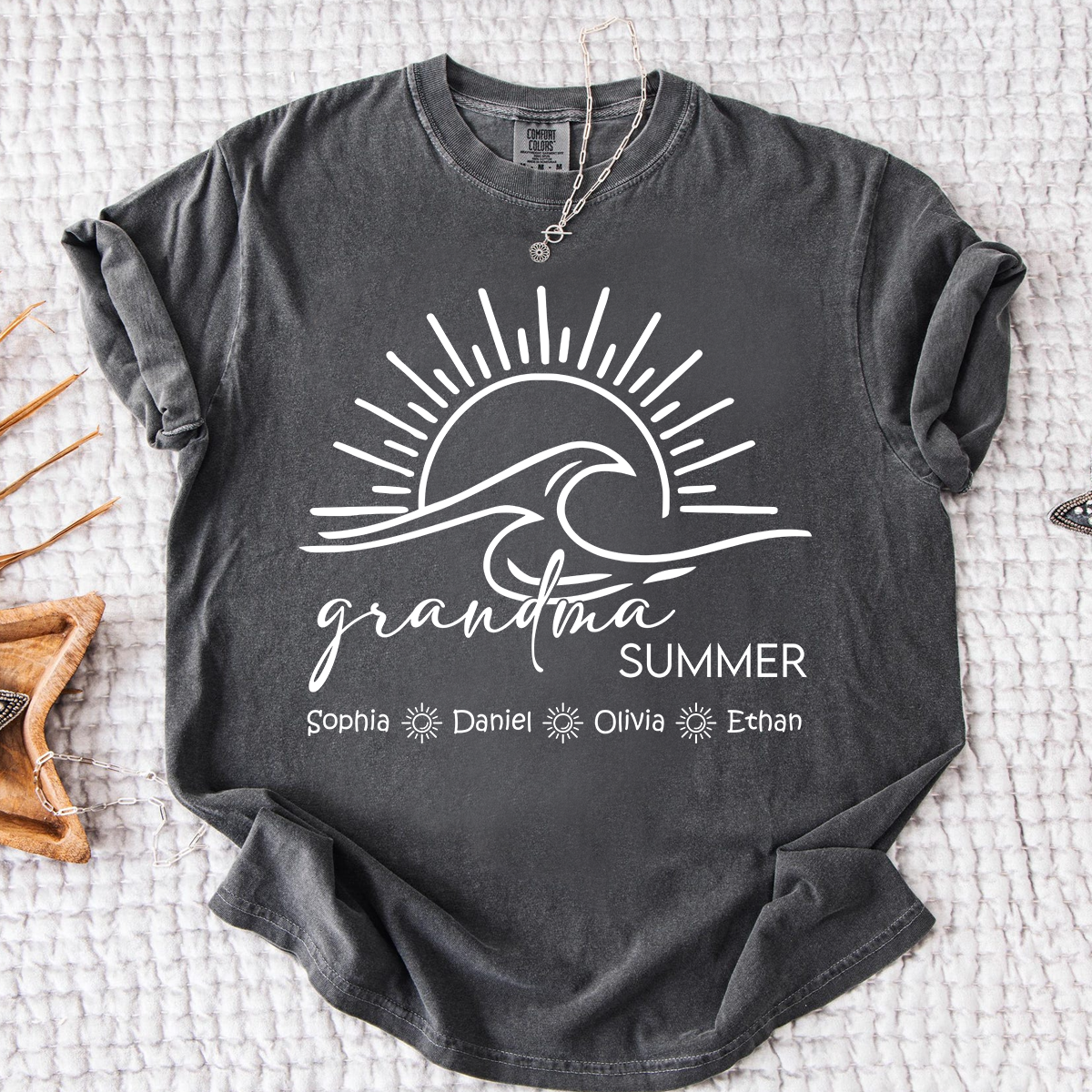 Comfort Colors Personalized Grandma Summer Shirt, Custom Grandkids Names Wave T-Shirt, Beach Vacation Grandma Gift, Family Matching Tee