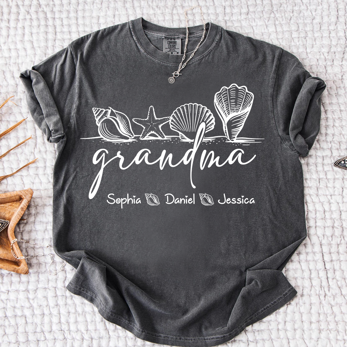 Comfort Colors Custom Grandma Seashell Shirt, Personalized Grandchildren Names Tee, Beach Lover Grandma Gift for Mother's Day and Birthday