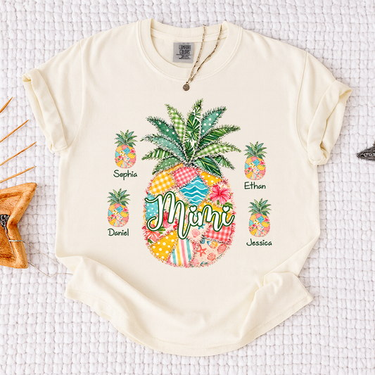 Comfort Colors Personalized Mimi Pineapple Shirt with Grandkids Names, Custom Grandma Tropical T Shirt for Women, Summer Beach Family Gift