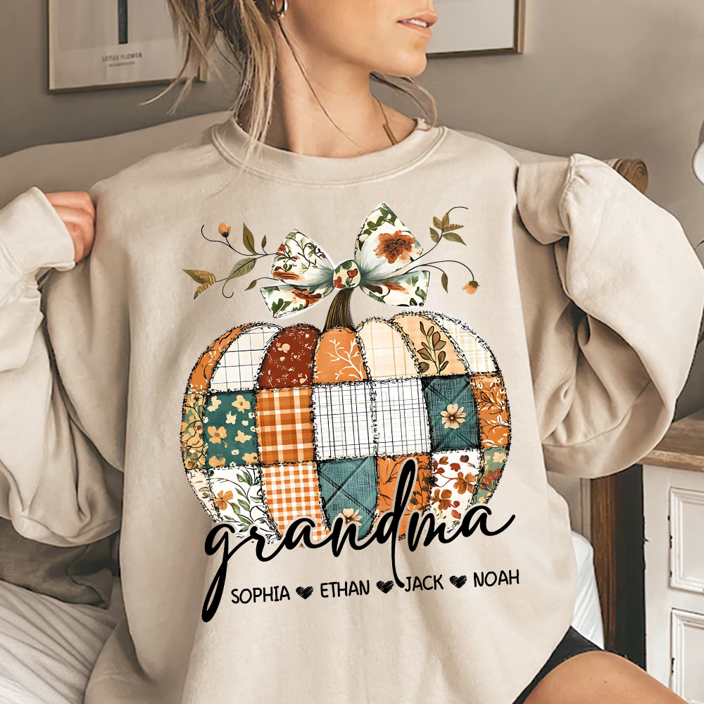Vintage Patchwork Pumpkin Sweatshirt, ustom Gifts for Grandma and Grandchild