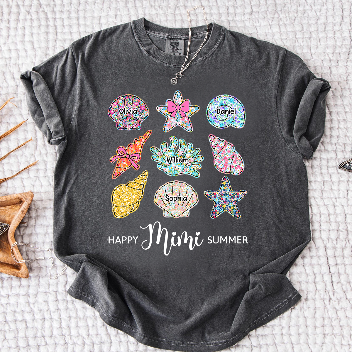 Comfort Colors Personalized Mimi Summer Beach Shirt with Grandkids Names, Custom Grandma Seashell Starfish T Shirt for Women