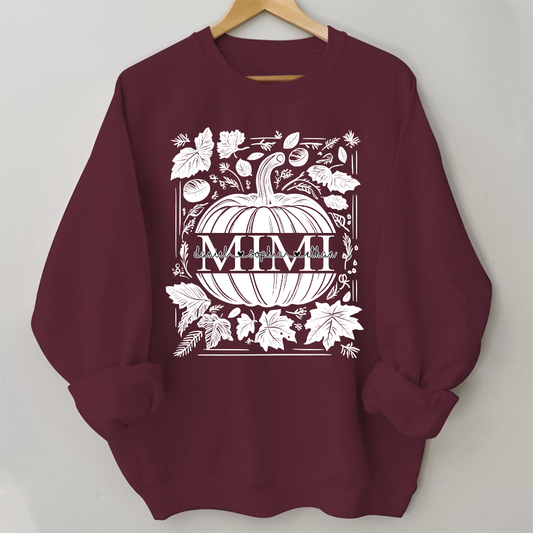 Custom Mimi Autumn Sweatshirt, Pumpkin and Leaf Design with Grandkids Names, Personalized Grandma Fall Apparel