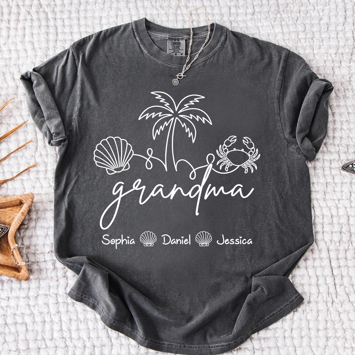 Comfort Colors Personalized Grandma Shirt with Grandkids Names, Custom Beach Line Art Tee, Palm Tree Shell Crab Family T-Shirt