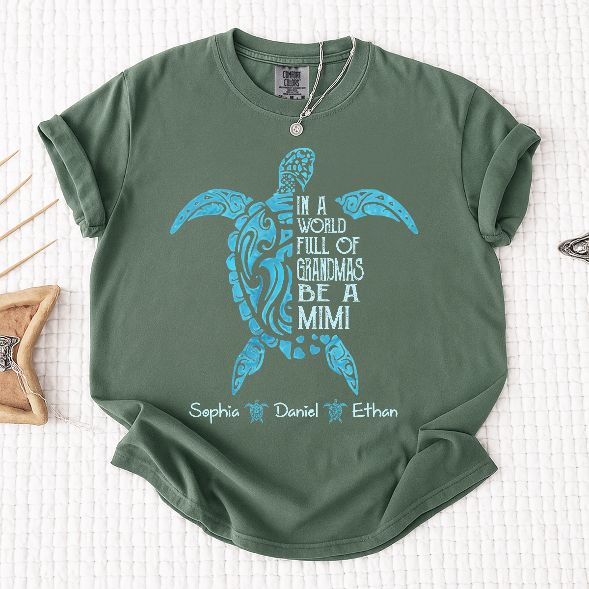 Comfort Colors In A World Full Of Grandmas Be A Mimi Shirt – Personalized Sea Turtle Graphic Tee, Custom Kids Names Gift for Mimi
