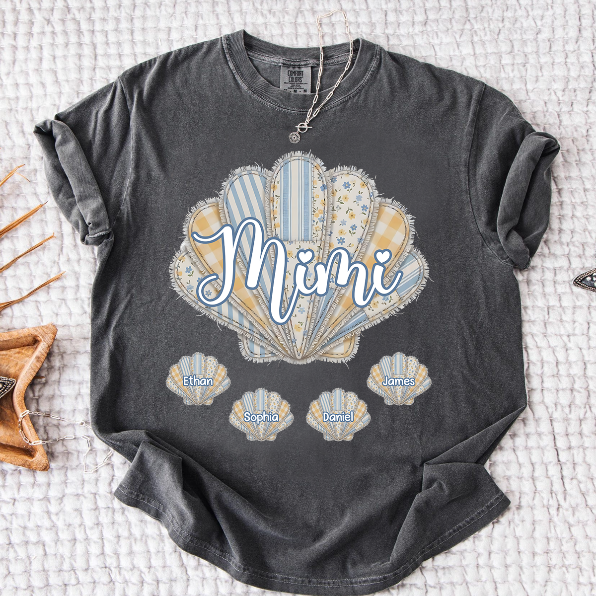 Comfort Colors Personalized Mimi Shirt with Grandkids Names, Custom Seashell Patchwork Graphic Tee, Beach Grandma Summer Family Shirt