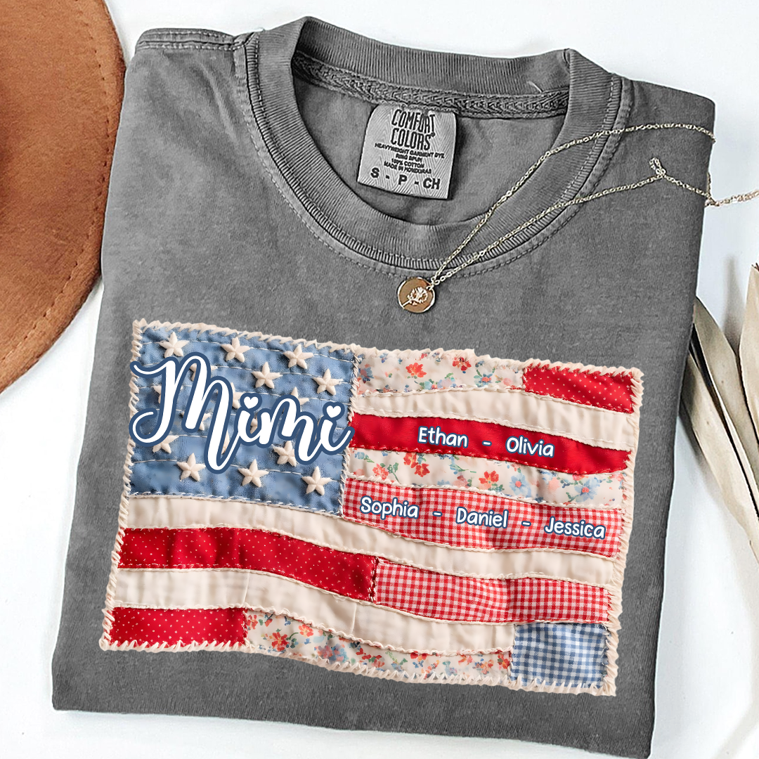 Comfort Colors Personalized Mimi Shirt with Family Names, Custom American Flag Design, Ideal Gift for Grandmother