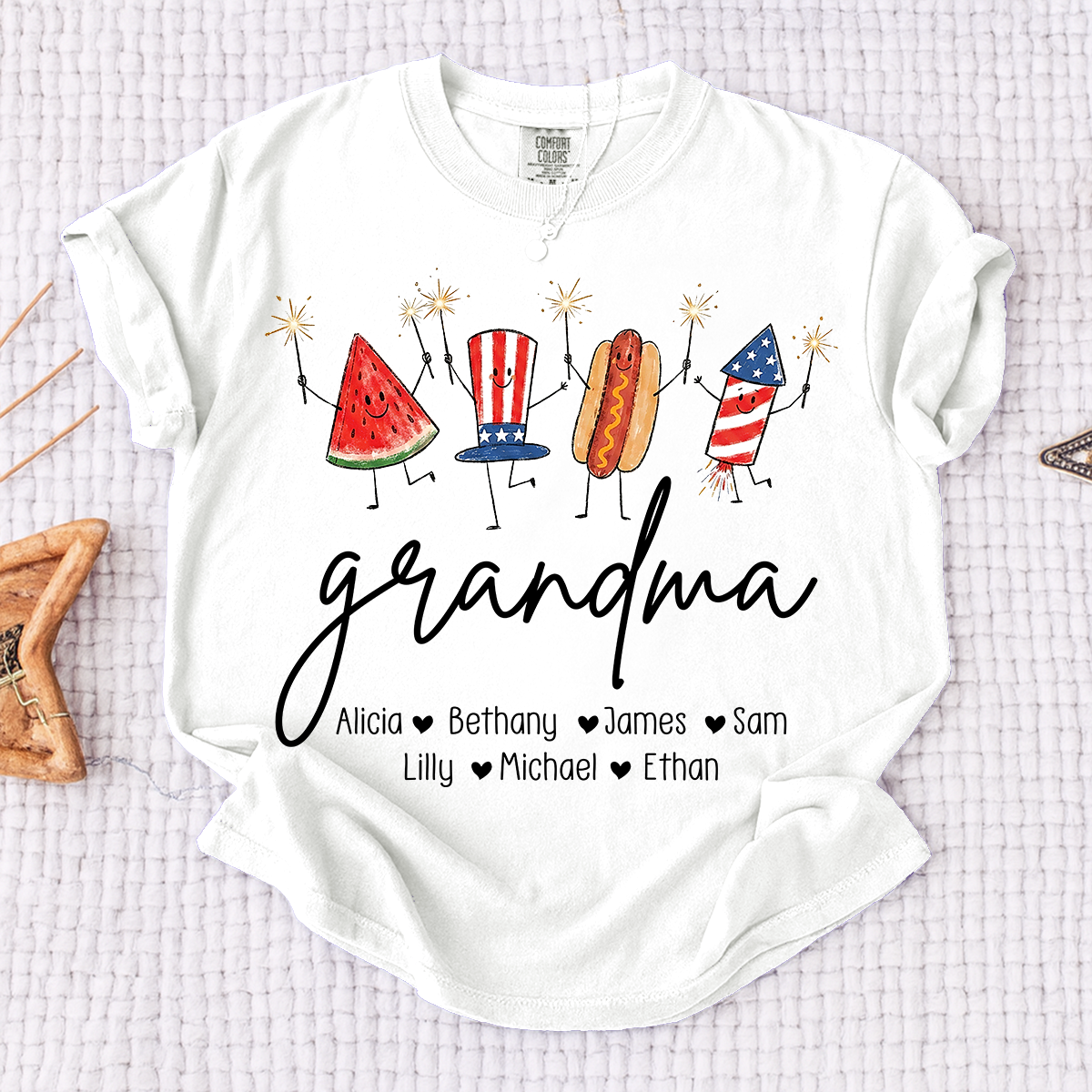 Comfort Colors® Personalized Grandma 4th of July Shirt with Grandkids Names, Patriotic Firecracker Family Tee, Custom Independence Day Grandma Gift