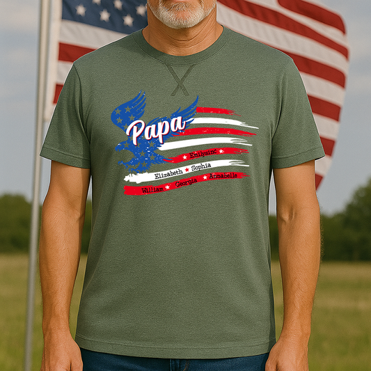 Papa With Grandkids Names 4th Of July Classic X-Stitch Tee