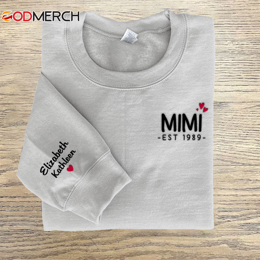 Godmerch Personalized Embroidered Mimi Est Heart Sweatshirt