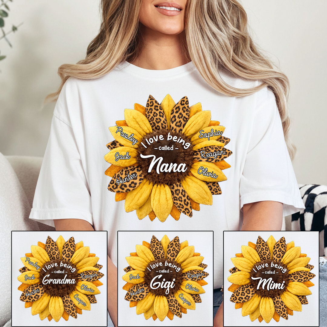 Custom Grandma Shirt, Personalized Sunflower Leopard Print Tee with Kids' Numbers, Gift for Grandma