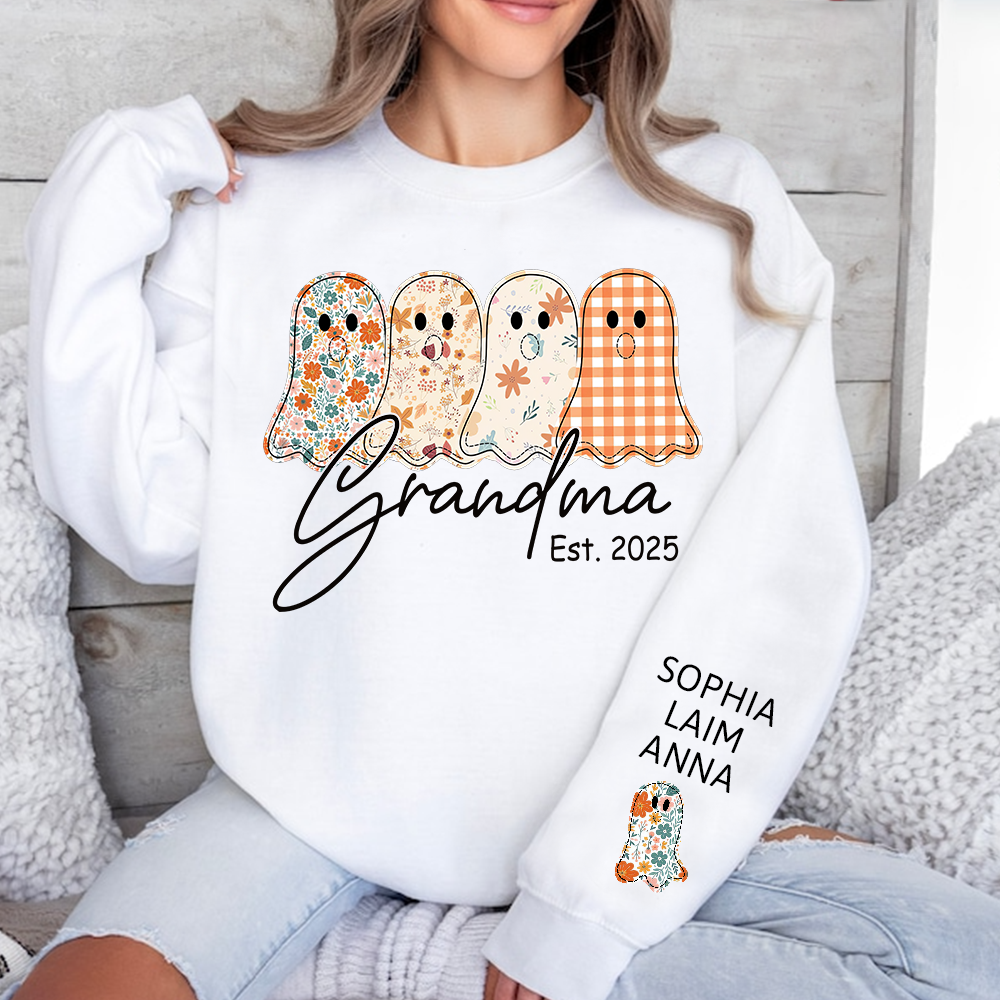 Personalized Fall Ghost sweatshirt, Custom Kids name on sleeve, For Gift Grandma