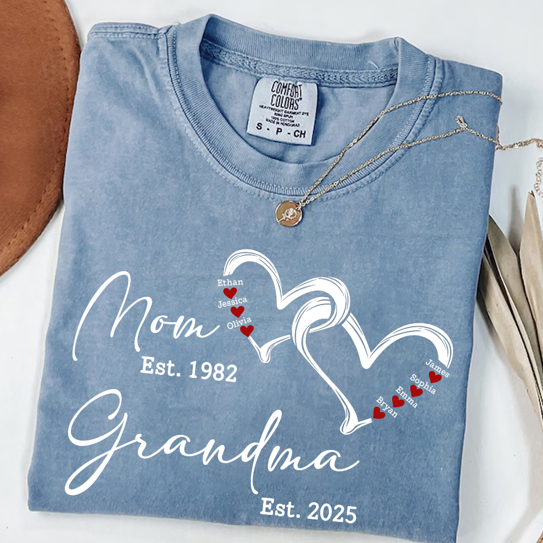 Custom Comfort Colors® Mom Est Grandma Est Hearts Kids Name