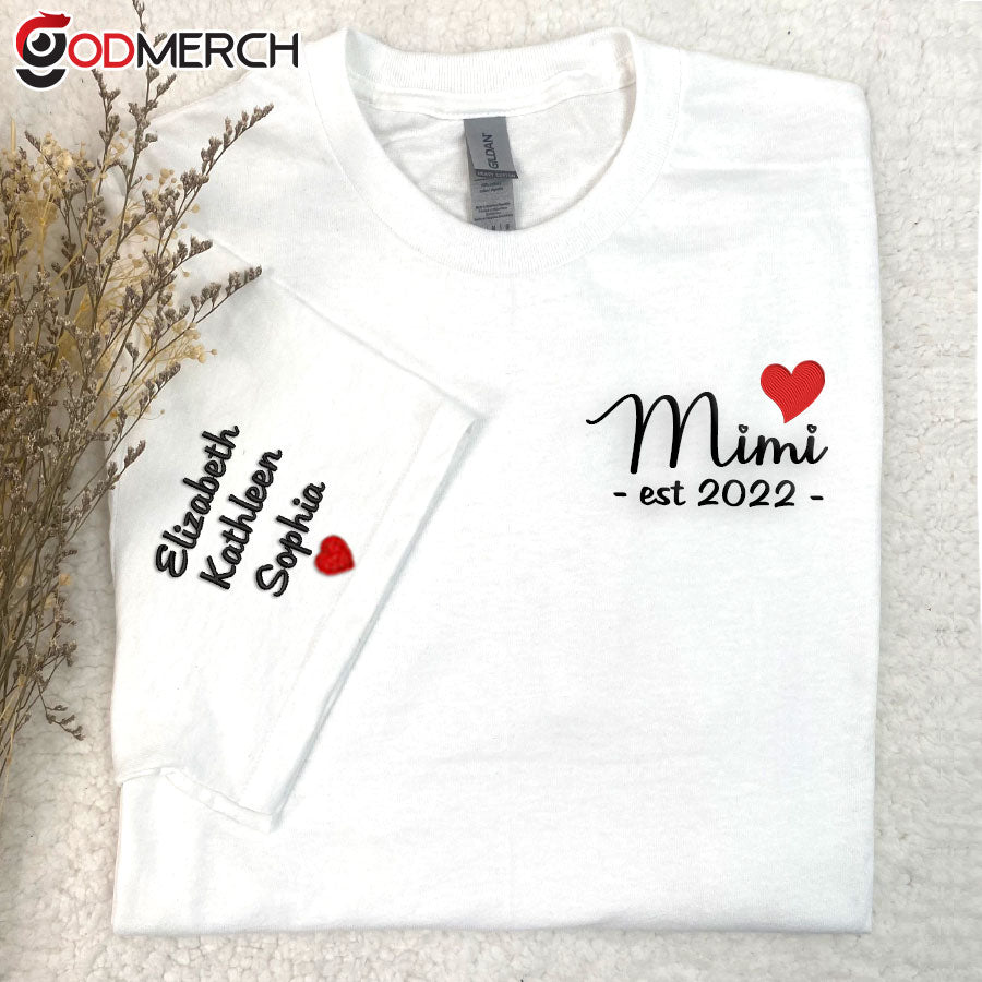 Embroidered Mimi Est, Grandma with Grandkids Embroidered T-shirt