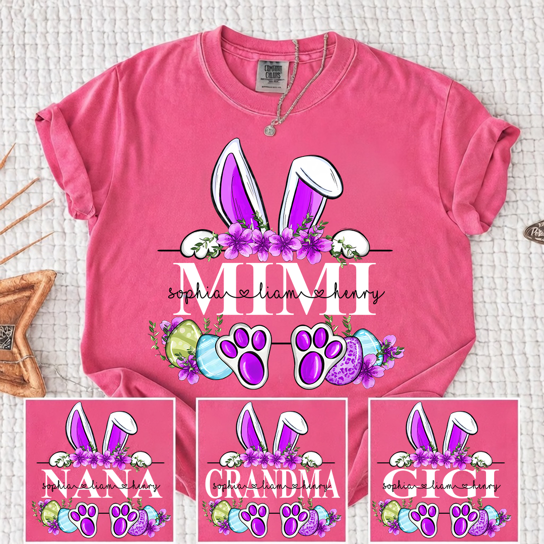 Comfort Colors Personalized Easter Bunny T-shirt | Custom Name Design for Mimi, Grandma, & Mom | Floral Easter Shirt with Bunny Ears and Paw Prints