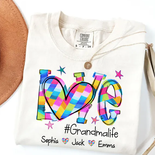 Comfort Colors Love Grandma Life Shirt Comfort Colors Graphic Tee Personalized Grandkids Names Colorful Heart Design Family Gift for Grandma Mother's Day Birthday