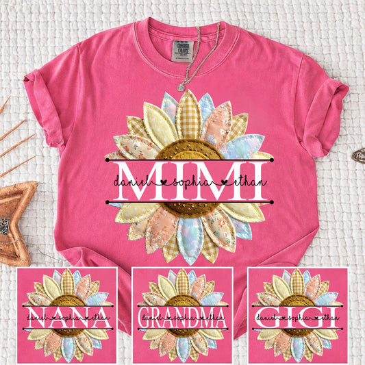 Comfort Colors Personalized Mimi Sunflower Patchwork Shirt Custom Grandma Nickname Tee With Grandkids Names Nana Gigi Grandma Floral Sunflower Design Family Gift Mothers Day Grandma Apparel