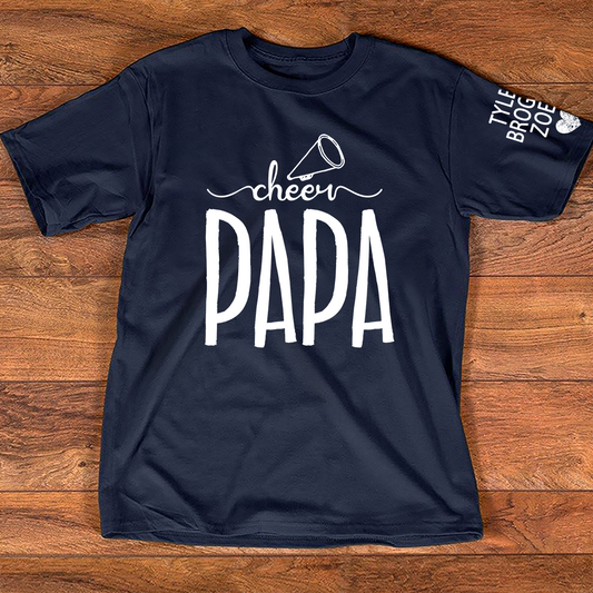 Custom Cheer Papa Tee, Personalized Dad's Cheer T-Shirt with Kid's Names