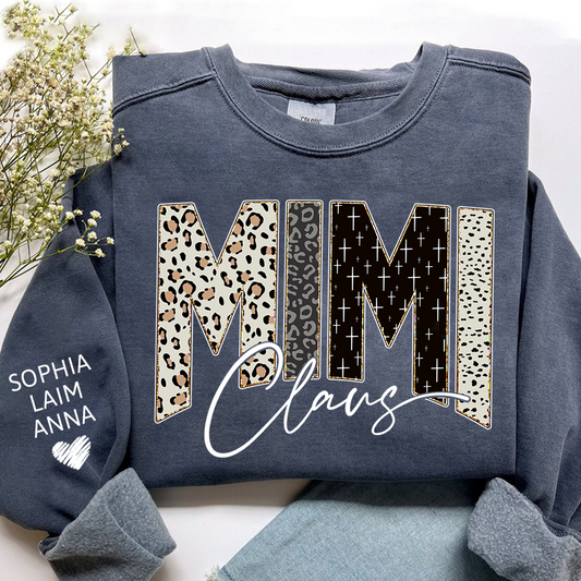 Personalized Mimi Claus Leopard Sweatshirt – Custom Bible Style Design, Unique Gift for Grandma and Her Grandkids