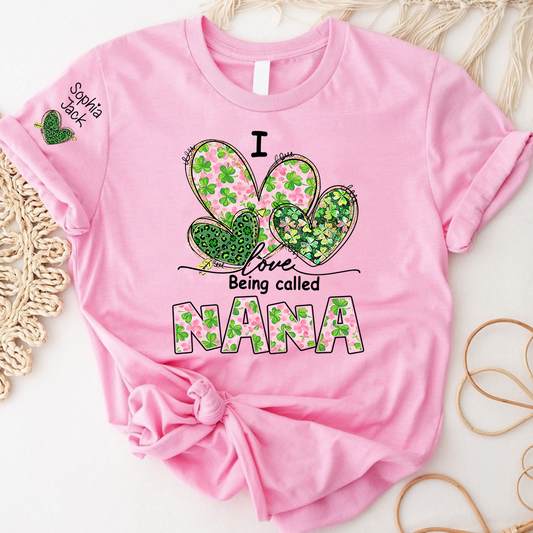 I Love Being Called Nana Shirt, St Patrick’s Day Floral Heart Family T Shirt, Gift For Grandma And Kids