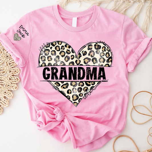 Leopard Heart Grandma Shirt, Personalized Grandkids Names Family T Shirt
