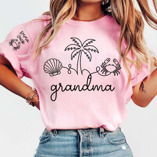 Personalized Grandma Beach Shirt, Custom Grandkids Names Sleeve Tee, Coastal Grandma T Shirt, Ocean Lover Gift for Grandma