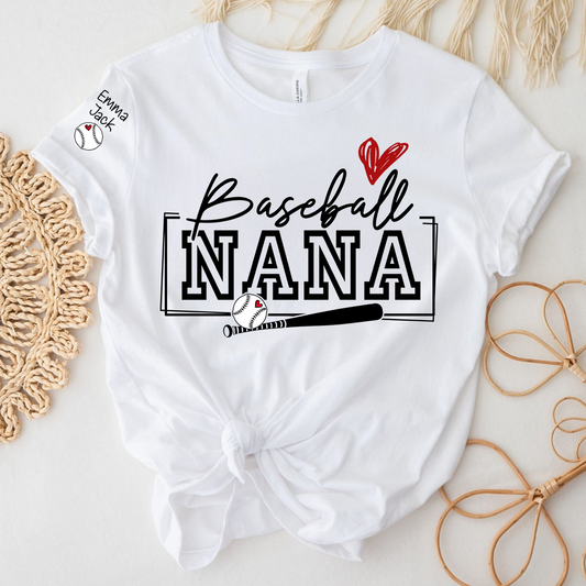Proud Baseball Nana T Shirt, Personalized Family Sports Shirt with Bat and Heart Design