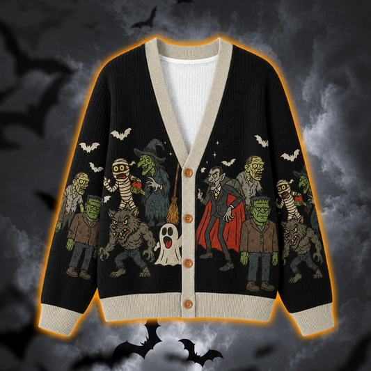 Halloween Monsters Cardigan, Classic Horror Characters Knitted Sweater, Vintage Monster Party Cardigan, Spooky Halloween Outfit