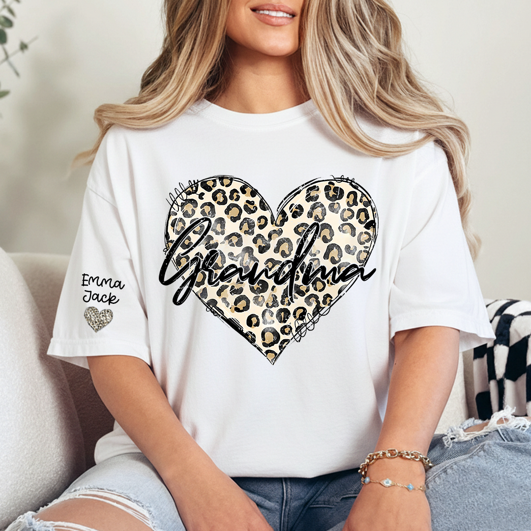 Personalized Grandma Shirt with Leopard Heart Design, Custom Family T Shirt