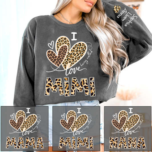 I Love Mimi Sweatshirt with Leopard Heart Design, Personalized Family Crewneck for Valentine