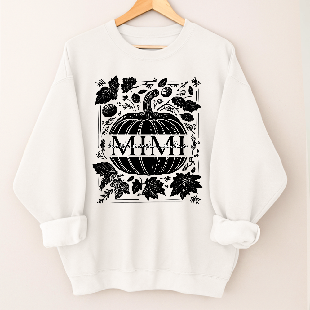 Custom Mimi Autumn Sweatshirt, Pumpkin and Leaf Design with Grandkids Names, Personalized Grandma Fall Apparel