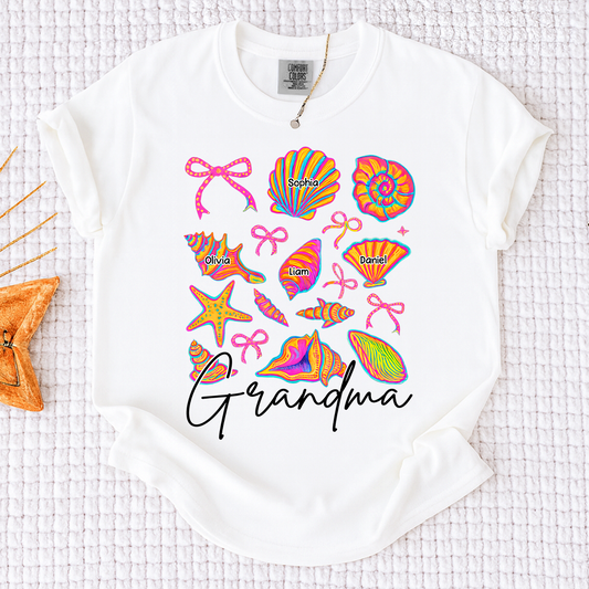 Comfort Colors Personalized Grandma Shirt with Grandkids Names, Custom Beach Seashell Grandma Tee, Coastal Summer Family Gift for Grandmother
