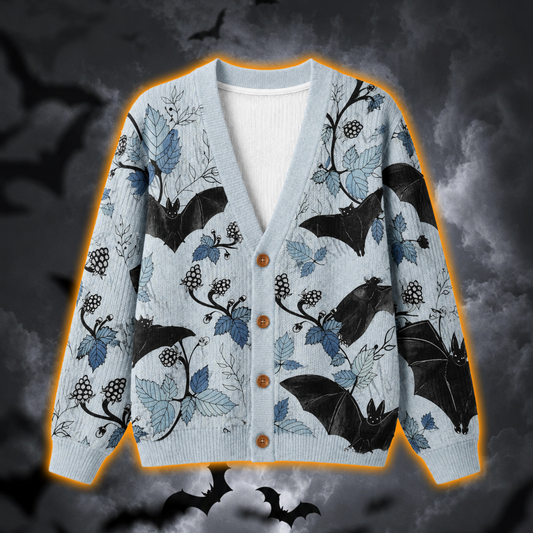 Black Bat Botanical Halloween Cardigan, Gothic Vine Knitted Sweater, Spooky Nature All Over Print Cardigan, Witchy Fall Outfit