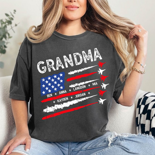 Patriotic Grandma Shirt with American Flag and Fighter Jet Design for 4th of July