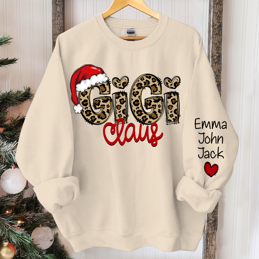 Personalized Gigi Claus Leopard Sweatshirt, Custom Grandma and Grandkids Sweatshirt
