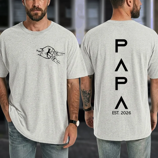 Personalized Papa Fist Bump Shirt with Kids Names, Custom Grandpa Back Print Shirt, Minimalist Papa Year Family Shirt for Fathers Day Birthday Gift