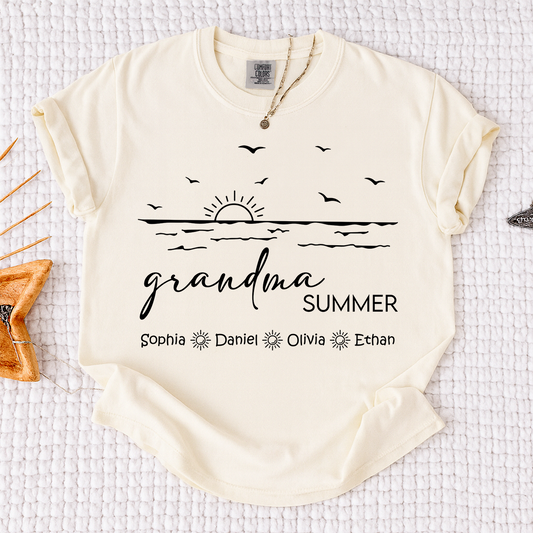 Comfort Colors Custom Name Grandma Shirt, Summer Beach Vacation Tee with Grandkids Names, Ocean Inspired Apparel for Grandma