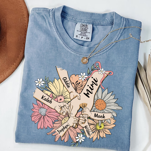 Comfort Colors® Grandma Hands Retro Floral T-Shirt, Custom Grandma With Grandkids Shirt