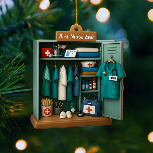 Personalized Nurse Ornament – Custom Name Scrubs Locker Christmas Decoration, Cute Holiday Gift for Nurses and Healthcare Workers Ornament