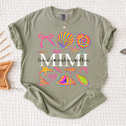 Comfort Colors Personalized Mimi Shirt with Names, Vibrant Seashell Beach Design Tee, Summer Family Gathering Outfit for Women