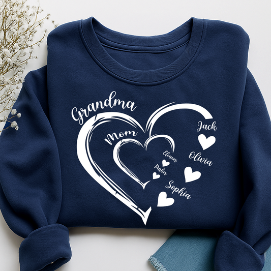 Personalized Mom And Grandma Heart Sweatshirt – Custom Grandma, Mimi, Gigi Sweatshirt with Kids’ Names, Perfect Gift for Mothers & Grandmas