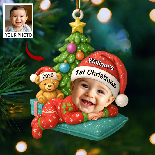 Personalized Baby’s First Christmas Ornament 2025 – Custom Photo Ornament with Name, Cute Baby & Teddy Design Ornament