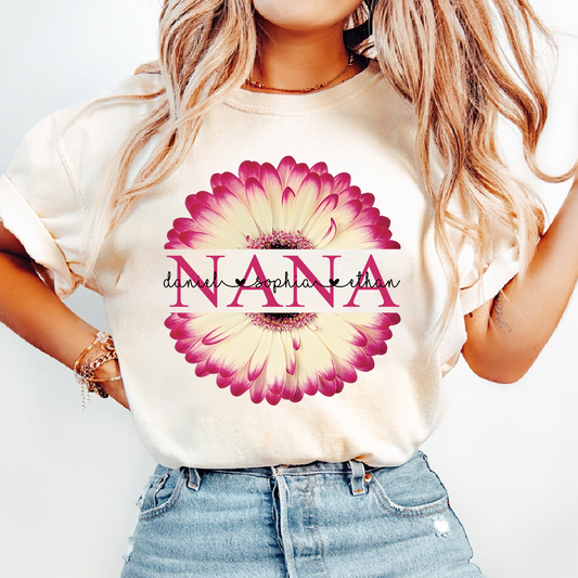 Personalized Nana T-Shirt with Pink Flower Graphic – Custom Grandma Gift Featuring Grandkids Names