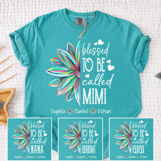 Comfort Colors Blessed To Be Called Mimi Colorful Flower T Shirt, Personalized Grandma Shirt with Kids' Names