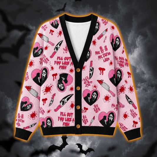 Ghostface Pink Halloween Cardigan Sweater – Cute Horror Knit Button-Up Cardigan, Spooky Coquette Goth Halloween Sweater for Women