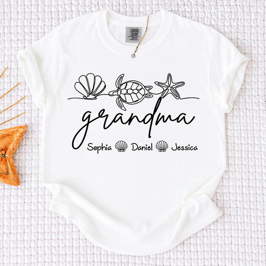 Comfort Colors Personalized Grandma Beach Shirt with Kids Names, Sea Turtle Shell Starfish Graphic Tee, Custom Grandma Summer Vacation Shirt