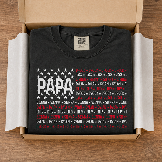 Custom Papa American Flag Shirt, Personalized Grandpa 250th Anniversary Tee, 1776-2026 Patriotic Family Shirt with Grandkids Names