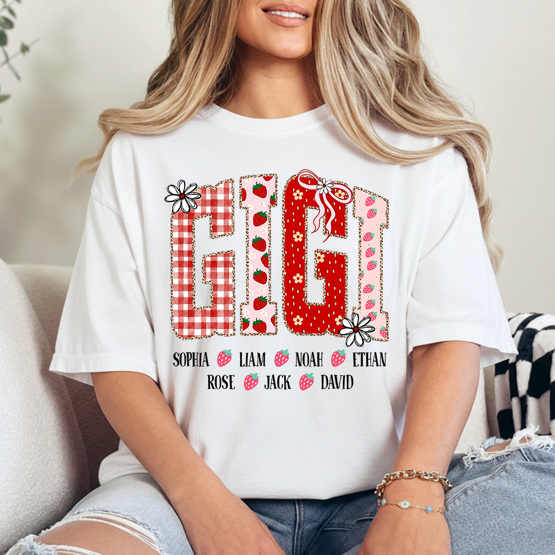 Gigi Personalized Grandma T-Shirt With Strawberry And Flower Motifs, Bearing Her Grandchildren's Names