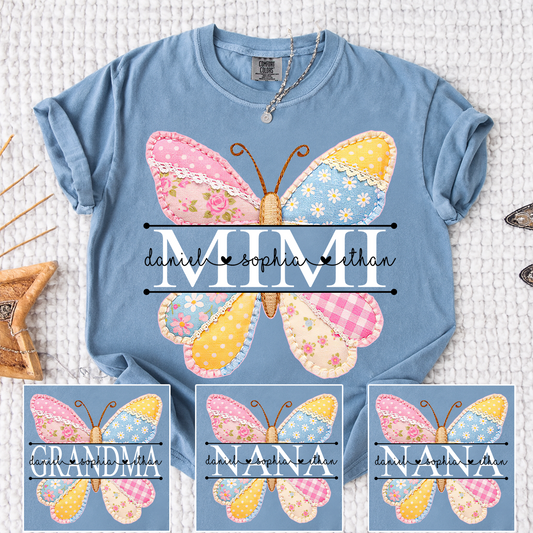 Comfort Colors Vibrant Mimi Shirt with Pink and Yellow Butterfly Patchwork, Custom Grandkids Names