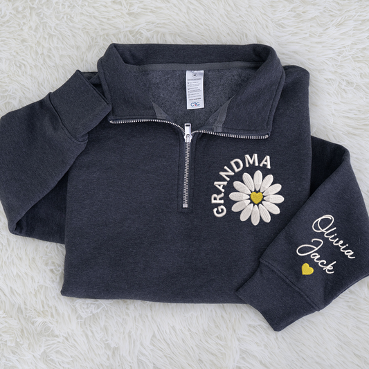 Grandma Embroidered Daisy Quarter Zip Sweater – Personalized With Grandchildren Names Gift