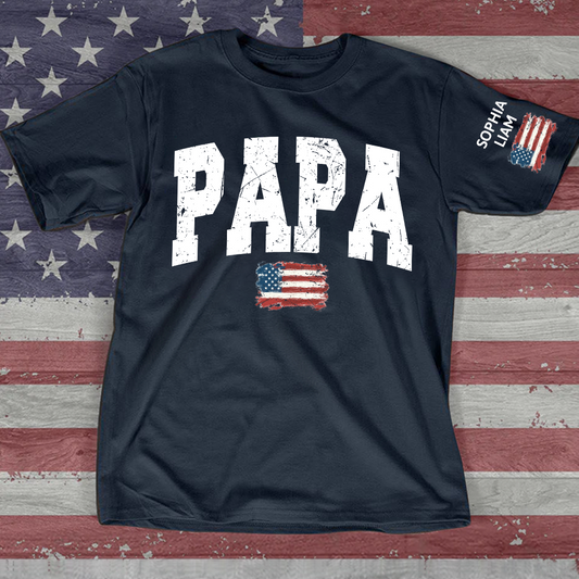 Personalized American Flag Printed Papa T-Shirt, With Custom Grandpa And Kids